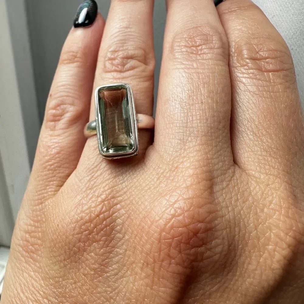 NWT 5ct emerald‎ cut Prasiolite ring in Bali sterling silver!